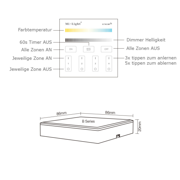 2.4G Wandschalter für Dimmer CCT Beleuchtung 4-Kanal MiLight Batteriebetrieben