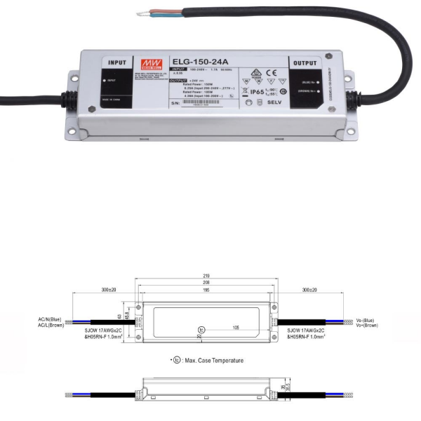 Mean Well ELG Serie Netzteil LED-Trafo IP65 Konstantspannung 150 Watt 24 Volt