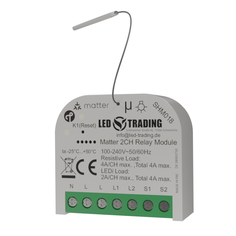 Matter 2CH Smart Relay 230V | Unterputz Schaltaktor mit Energiemessun