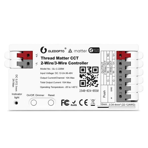 GLEDOPTO Thread Matter CCT LED-Strip-Controller 12–48V, 10A, 2-/3-Draht – GL-C-226M