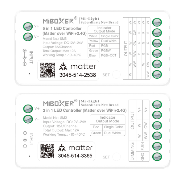 Matter WLAN LED-Controller 12–24 V – SM2 für CCT / SM5 für RGB+CCT